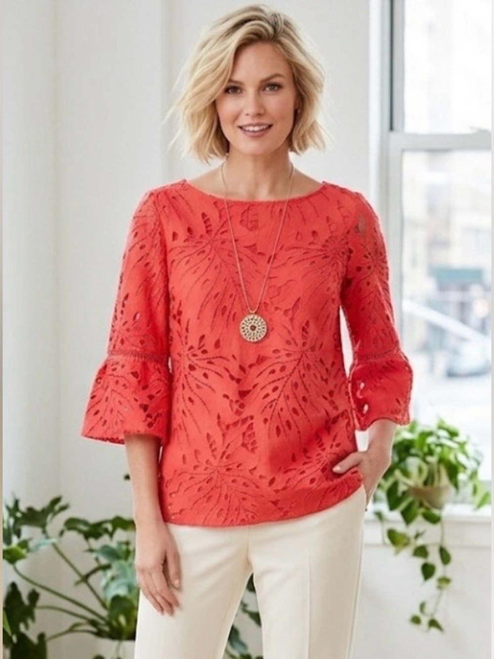 Talbots Lace Leaf Flounce Sleeve Top Coral Small Petite